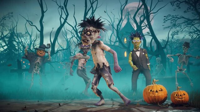 Halloween party. Funny zombies and skeletons dancing in a scary gothic graveyard. 3D animation.