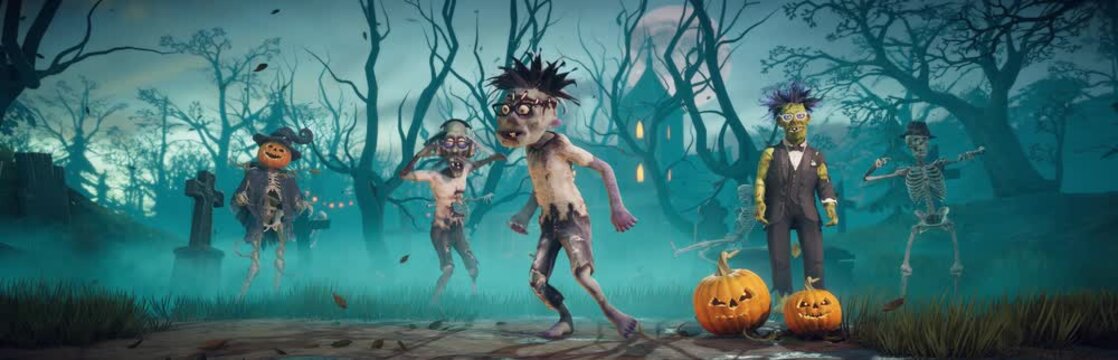 Halloween party. Funny zombies and skeletons dancing in a scary gothic graveyard. 3D animation.