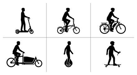 Personal transport silhouettes set with scooter, folding bike, e-bike, cargo bike, unicycle, and skateboard for logos and signage © Probin