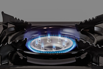 Black portable single burner gas stove with automatic ignition. Compact cooker for camping and...