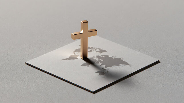 A golden Christian cross stand upright on a flat map of the world, symbolizing global faith, missionary work, and spiritual devotion