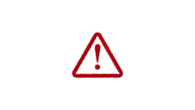 Red warning triangle with sketchy hand-drawn texture animation on white background, alert danger caution