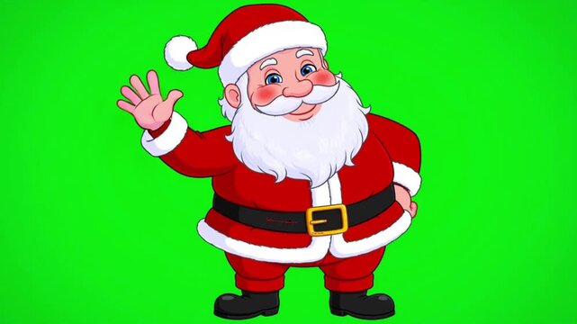 Cheerful animated Santa Claus waving hand cheerfully in front of bright green screen backdrop
