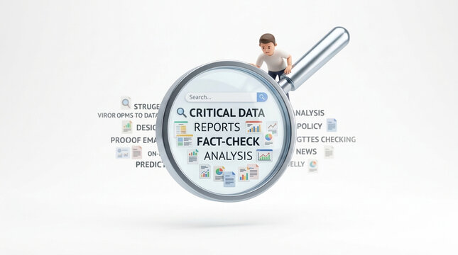 Magnifying glass focusing on critical data reports fact check analysis with surrounding documents