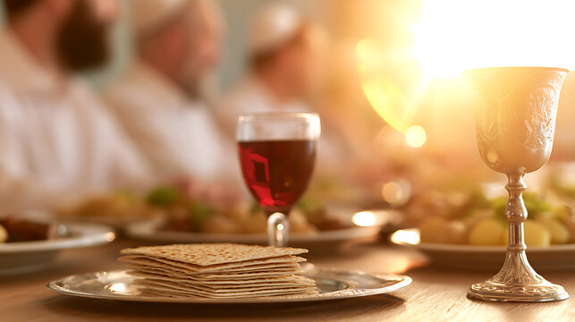 A festive Passover seder table filled with traditional unleavened bread, wine goblet, and family gathered in warm sunset glow