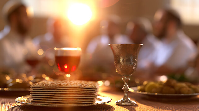 Passover seder table with matzah, silver goblet, and red wine cup at festive family dinner celebration during traditional holiday event