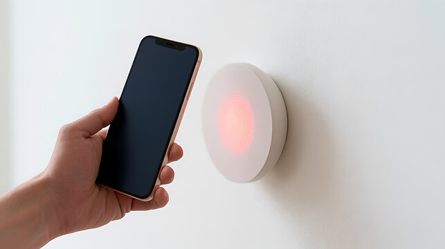 Smart home automation system control via mobile phone application device near a wall mounted wireless sensor device with red light indicator