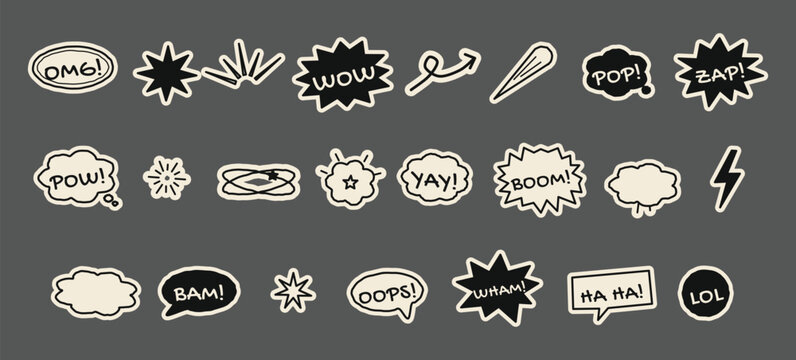 A collection of retro comic book speech bubbles, explosion bursts, and sound effects stickers like wow, pow, and bam on a dark background for design.