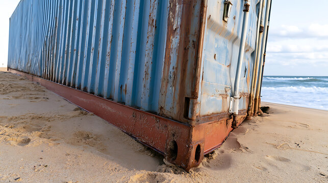 A damaged blue cargo container rests deserted on a sandy ocean beach with rusty metal texture under a cloudy sky in a coastal landscape