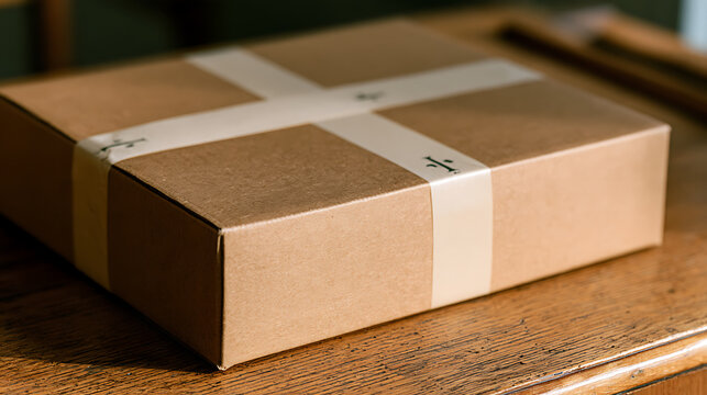 A closed brown cardboard gift box with white ribbon tied across the top surface, placed on a rustic wooden table under warm interior light
