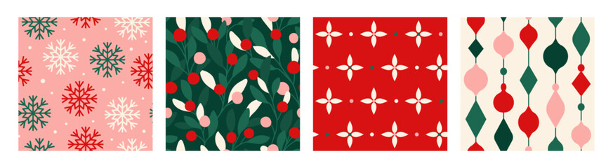 Fototapeta premium Seamless Christmas pattern set with snowflakes, holly berries, floral motifs and geometric ornaments. Festive flat vector designs for wrapping paper, fabric, textiles and seasonal decor