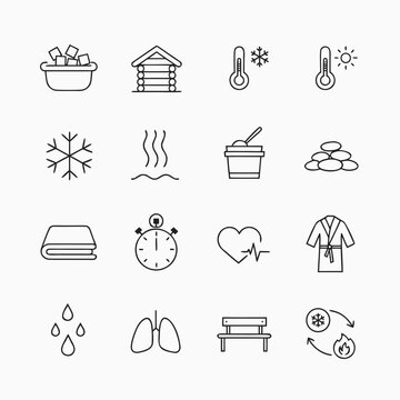 Cold plunge and sauna line icon set, 16 wellness recovery icons with ice bath and steam