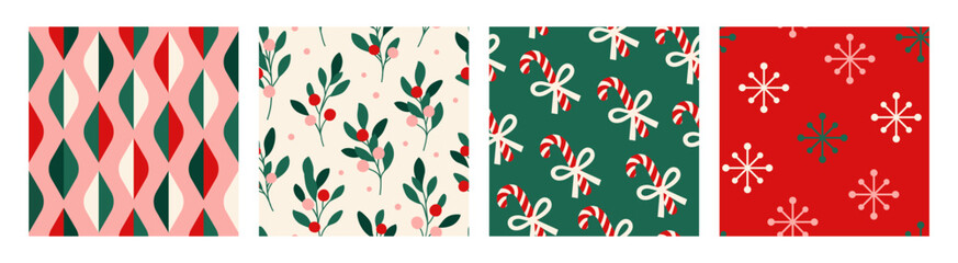 Fototapeta premium Seamless Christmas pattern set with geometric shapes, holly berries, candy canes, festive bows and snowflakes. Flat vector illustrations for wrapping paper, fabric, textiles, stationery and seasonal