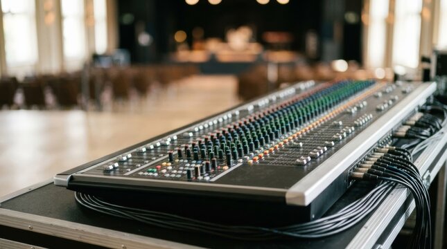 Professional audio mixing console with faders and cables set up in a large venue, representing sound engineering and live event production technology for high-quality audio mastering