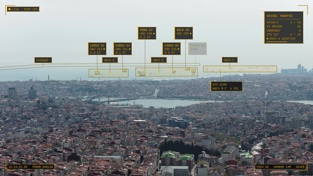 Aerial hover view of Istanbul, Turkey: cargo ships at anchor off the hazy city with amber control room overlay, AIS vessel IDs, anchorage zones, status panel. Concept of maritime shipping, logistics