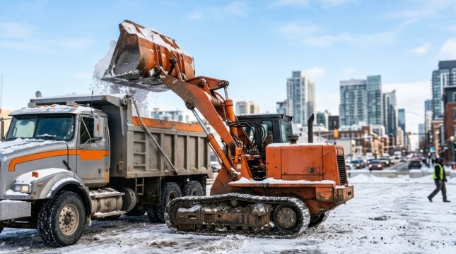 Tracked snow loader dumping snow into a dump truck on a city street during a winter cleanup operation for urban maintenance and infrastructure services
