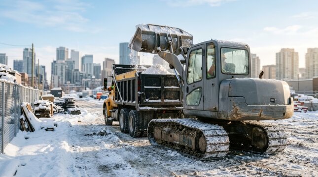 Tracked loader filling a dump truck with snow in an urban construction site during winter, showcasing heavy equipment operations and seasonal infrastructure maintenance for logistics