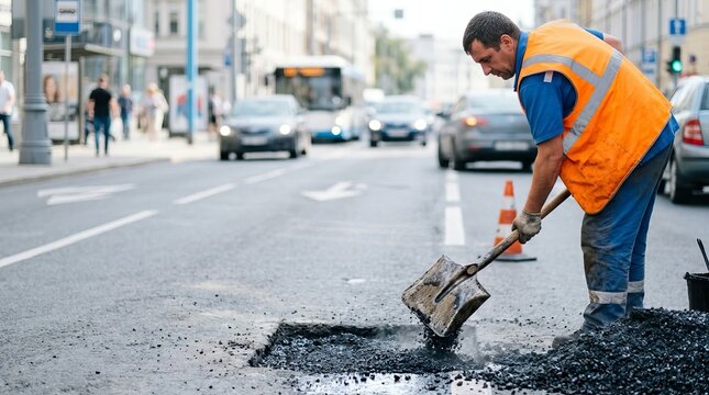 Road worker in high-visibility safety vest repairing a city street pothole by filling it with hot asphalt using a shovel to ensure infrastructure maintenance and public safety in urban traffic