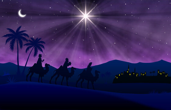 Three wise men on camels follow the bright Star of Bethlehem above a silhouetted town, evoking nativity, faith, pilgrimage and the quiet, miraculous wonder of a Christmas night sky.