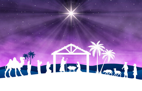Classic nativity silhouette showing Mary, Joseph and baby in a manger beneath the Star of Bethlehem, surrounded by shepherds, wise men and camels against a purple desert night sky, evoking peace and w