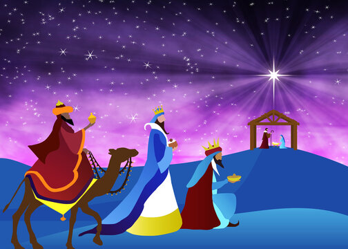 Three kings and a camel approach the nativity scene beneath a brilliant Star of Bethlehem, presenting gifts and kneeling in worship. A vivid, spiritual Christmas illustration with purple night sky and
