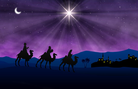 Three wise men on camels follow the bright Star of Bethlehem above a silhouetted town, evoking nativity, faith, pilgrimage and the quiet, miraculous wonder of a Christmas night sky.