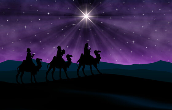 Three wise men on camels follow the bright Star of Bethlehem in the desert, evoking nativity, faith, pilgrimage and the quiet, miraculous wonder of a Christmas night sky.