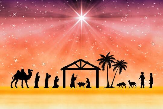 Illustration of a traditional Christmas nativity scene featuring baby Jesus in a manger, Mary and Joseph, visiting wise men, shepherds, animals and the bright guiding Star of Bethlehem over a stable.