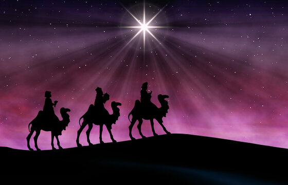 Three wise men on camels follow the bright Star of Bethlehem in the desert, evoking nativity, faith, pilgrimage and the quiet, miraculous wonder of a Christmas night sky.