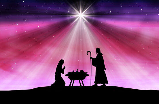 Silhouette nativity scene with Mary, Joseph and the baby in a manger beneath a radiant star against a purple-blue starry sky, evoking peace, faith and the spirit of Christmas.