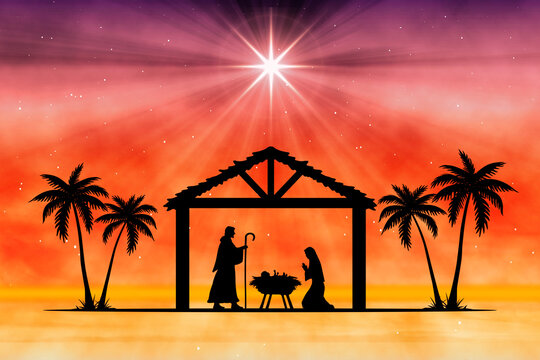 Silhouette nativity scene with Mary, Joseph and the baby in a manger beneath a radiant star against a purple-orange starry sky, evoking peace, faith and the spirit of Christmas.