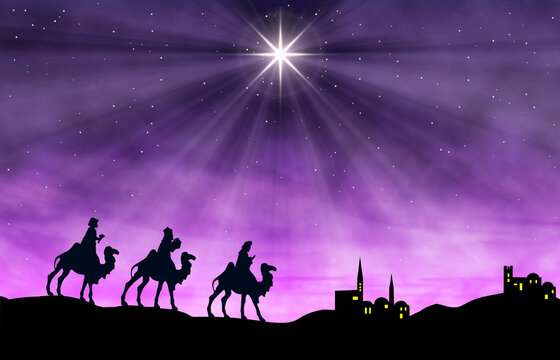 Three wise men on camels follow the bright Star of Bethlehem above a silhouetted town, evoking nativity, faith, pilgrimage and the quiet, miraculous wonder of a Christmas night sky.