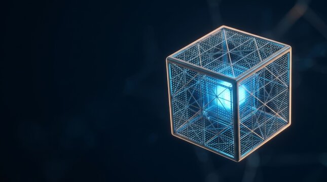 Luminous geometric cube with intricate dotted lattice structure floating in dark void, conveying futuristic innovation, data security, and abstract technological complexity for digital presentations