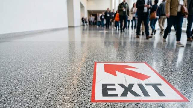 Exit floor decal with bold red arrow for visitor navigation in a bright exhibition hall, featuring polished terrazzo flooring and blurred crowd motion to signify movement and public wayfinding