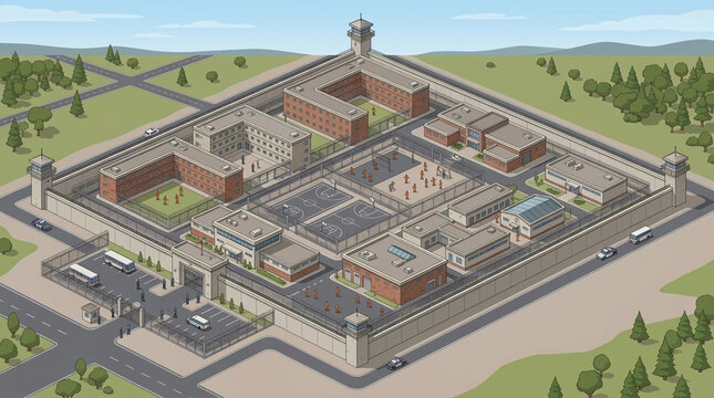 High Security Prison Complex Aerial View Correctional Facility Illustration