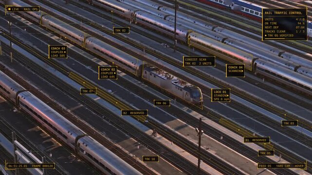 Aerial hover view of New York, USA at golden hour: intercity trains in a Queens yard with amber operations HUD overlay, coach IDs, track labels, status panel. Concept of rail transport, logistics