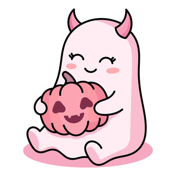 Cute pink kawaii Halloween ghost character with devil horns sitting and holding pumpkin cartoon vector