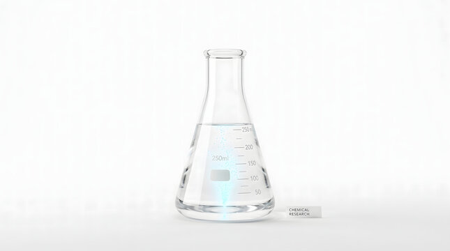 Clear glass erlenmeyer flask filled with transparent liquid isolated on a clean white laboratory background