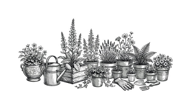 Ink style illustration of a gardening composition with potted flowers and vintage garden tools
