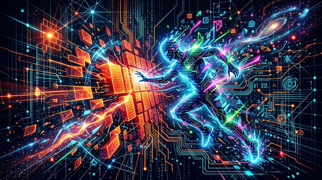 Futuristic Humanoid Runner in Digital Network Abstract Cyberpunk Sci Fi Art Neon Energy Flow