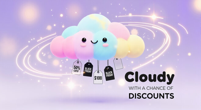 Playful pastel cloud with a smiling face and discount tags, swirling against a dreamy purple bokeh background, promotional concept of online retail or e-commerce