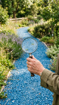 Gardener Inspecting Blue Gravel Path with Magnifying Glass in Lush Garden