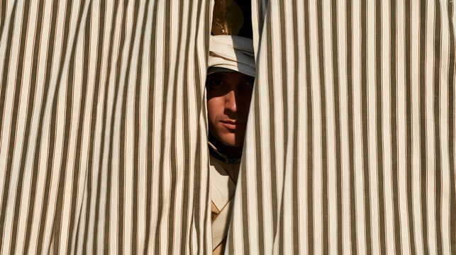 Napoleonic-era soldier peering into a military tent during a battlefield reenactment, with copy space