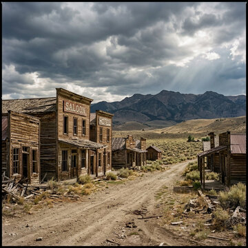 Ghost Town Saloon Hotel Abandoned Old West Street with Mountains and Dramatic Sky