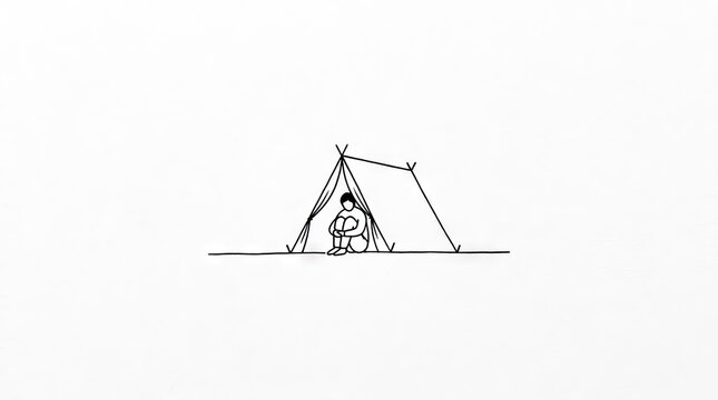 Person sitting inside small camping tent line art.