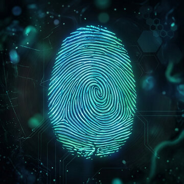 Glowing Cyan Fingerprint Identity Security Scan on Futuristic Digital Circuit Board Background