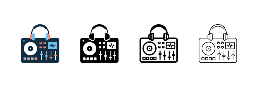 DJ mixer console with headphones icon set. Concept of music production, disc jockey, audio mixing, and live events.