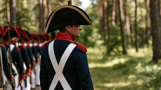 Napoleonic soldiers marching in formation through a forest during military training, historical reenactment concept, with copy space