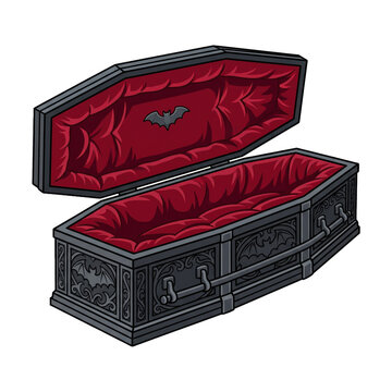 Open gothic coffin with red velvet lining and bat carvings isolated