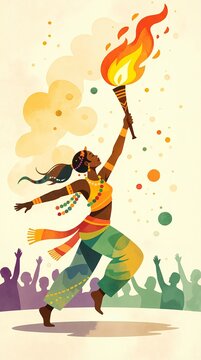 Festive Black woman running with flaming torch in Mardi Gras parade. Joyful carnival celebration with cheering crowd. Vector illustration for holiday event